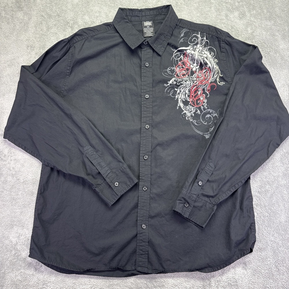 Vintage Y2K MMA Elite Button Up Shirt Mens 2XL Black Long Sleeve Tattoo Grunge